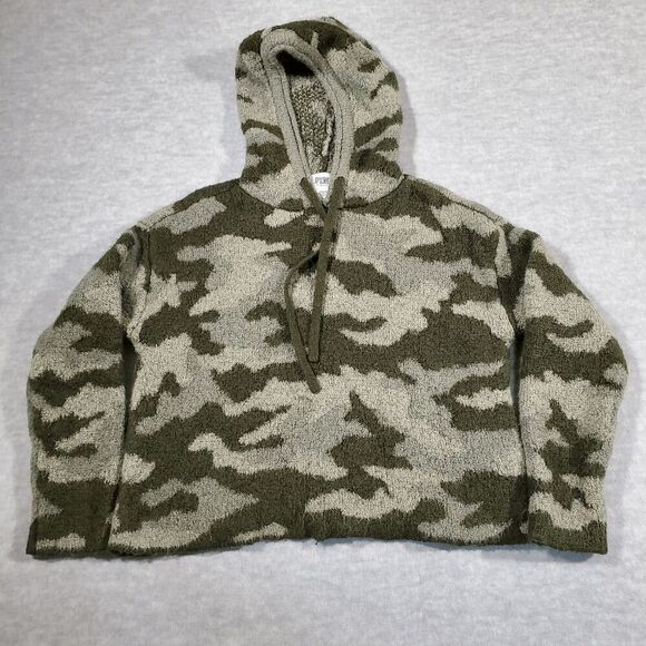 PINK Victoria's Secret Tops - PINK Victoria's Secret Hoodie Womens Medium Green Camo Fuzzy Cropped Drawstring